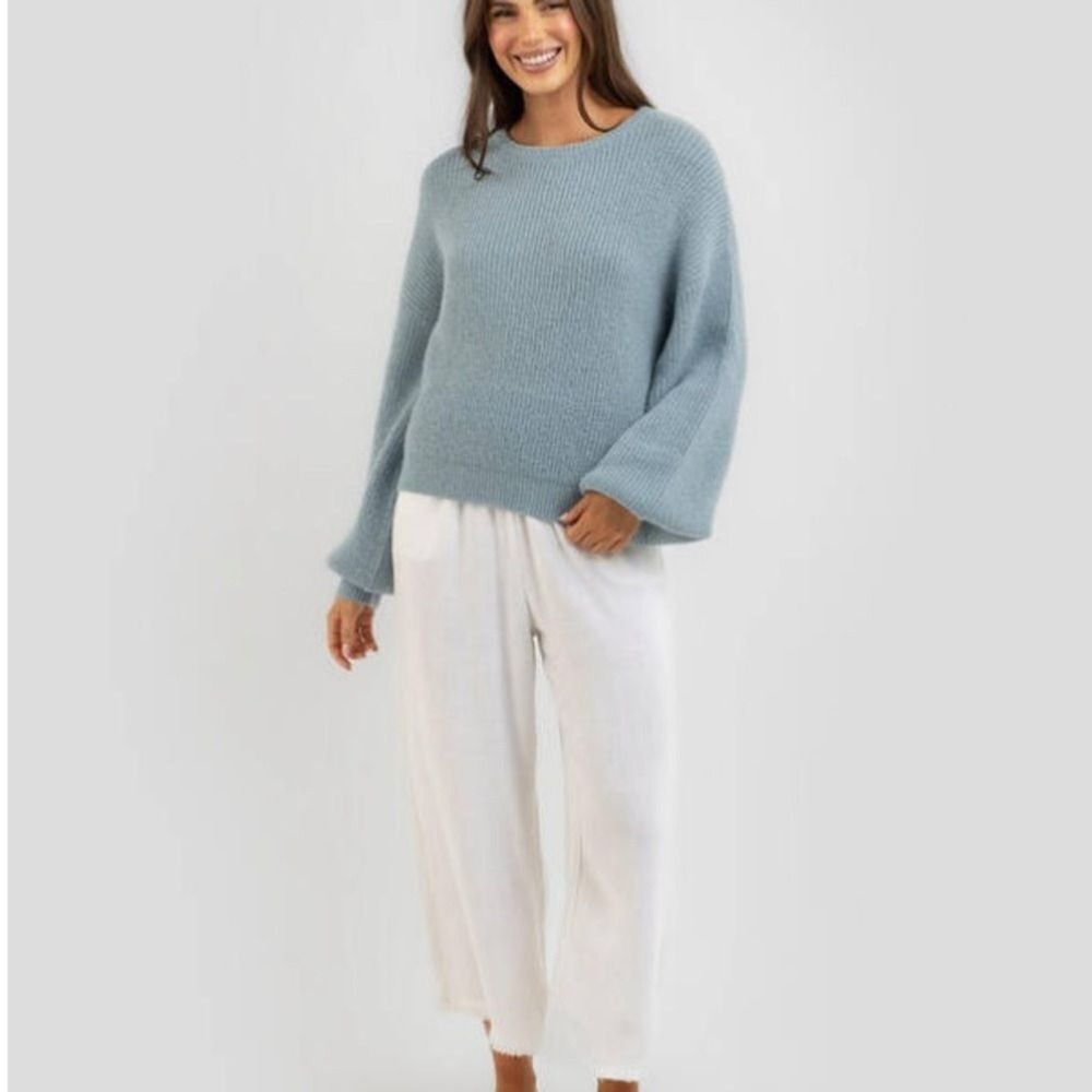 Rhythm Somerset Knit Sweater Light Blue Balloon Sleeve Cropped Womens XL